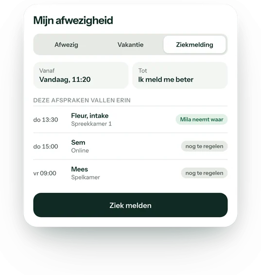 Het venster Mijn afwezigheid met een ziekmelding en de afspraken die erin vallen, waarvan één al door een collega wordt waargenomen.