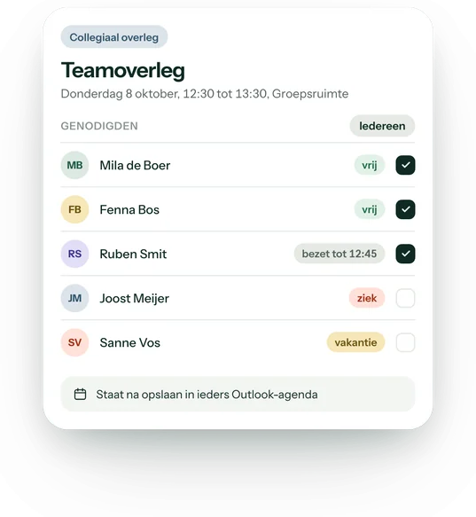 Collega's uitnodigen voor een teamoverleg, met per collega of die vrij, bezet, ziek of op vakantie is.