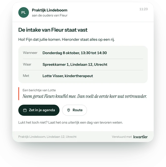 Een bevestigingsmail aan de ouders van een cliënt, met datum, kamer, adres en een persoonlijk bericht van de therapeut.