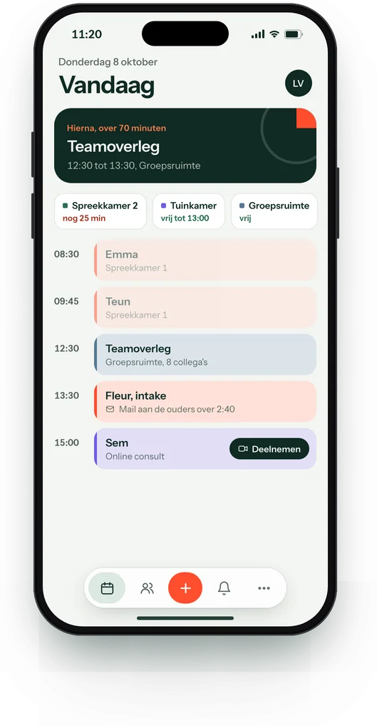 Kwartier op een telefoon: de afspraken van vandaag, de eerstvolgende afspraak en welke kamers vrij zijn.