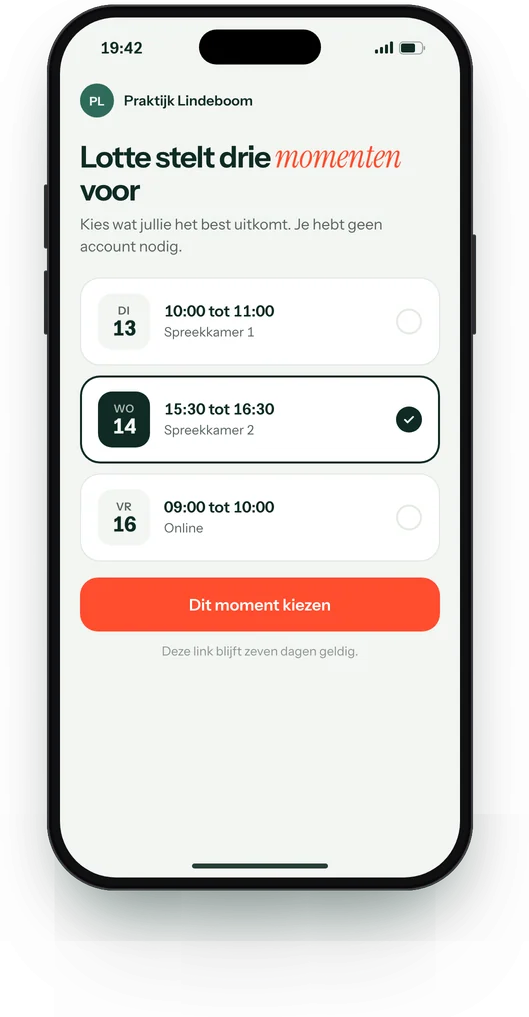 Een voorstel op de telefoon van een cliënt: drie momenten om uit te kiezen, met de knop Dit moment kiezen.