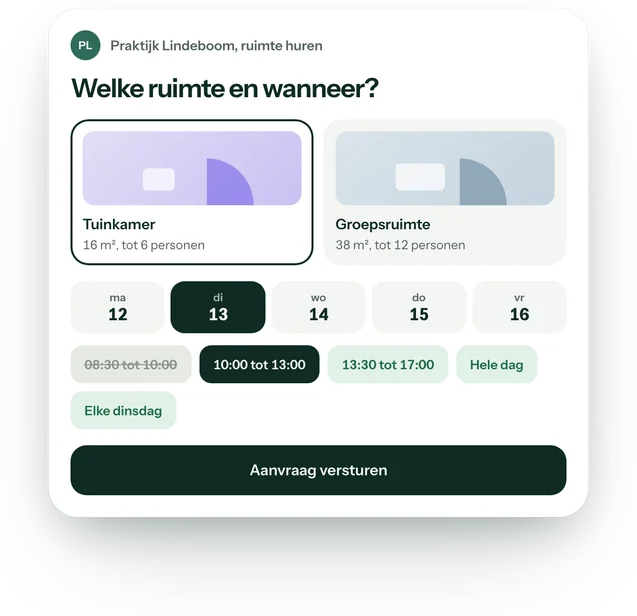 De verhuurpagina: een ruimte kiezen, een dag en een vrij tijdvak, en een aanvraag versturen.